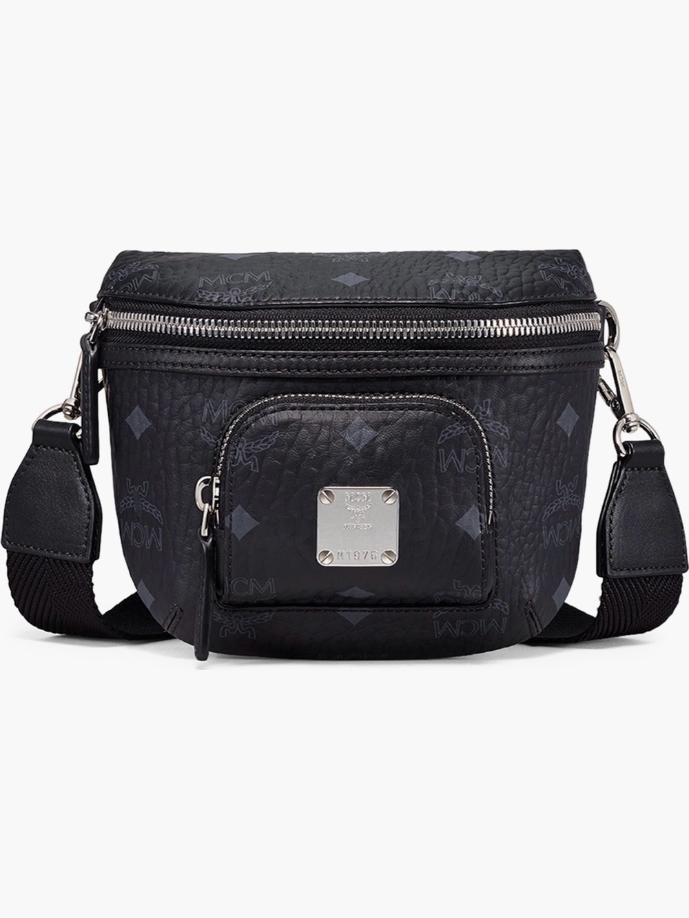 MCM Black Monogram Crossbody - Small Belt Bag with Silver Hardware